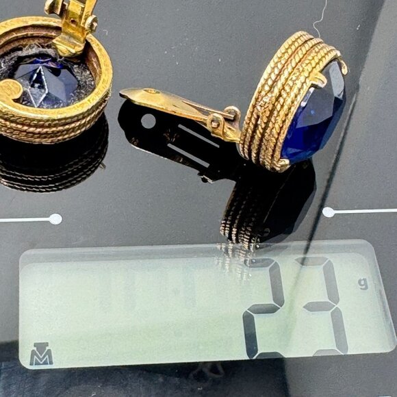 Cobalt Blue Earrings Vintage Crystal Textured Gold Tone Round Clip-On - Picture 3 of 13